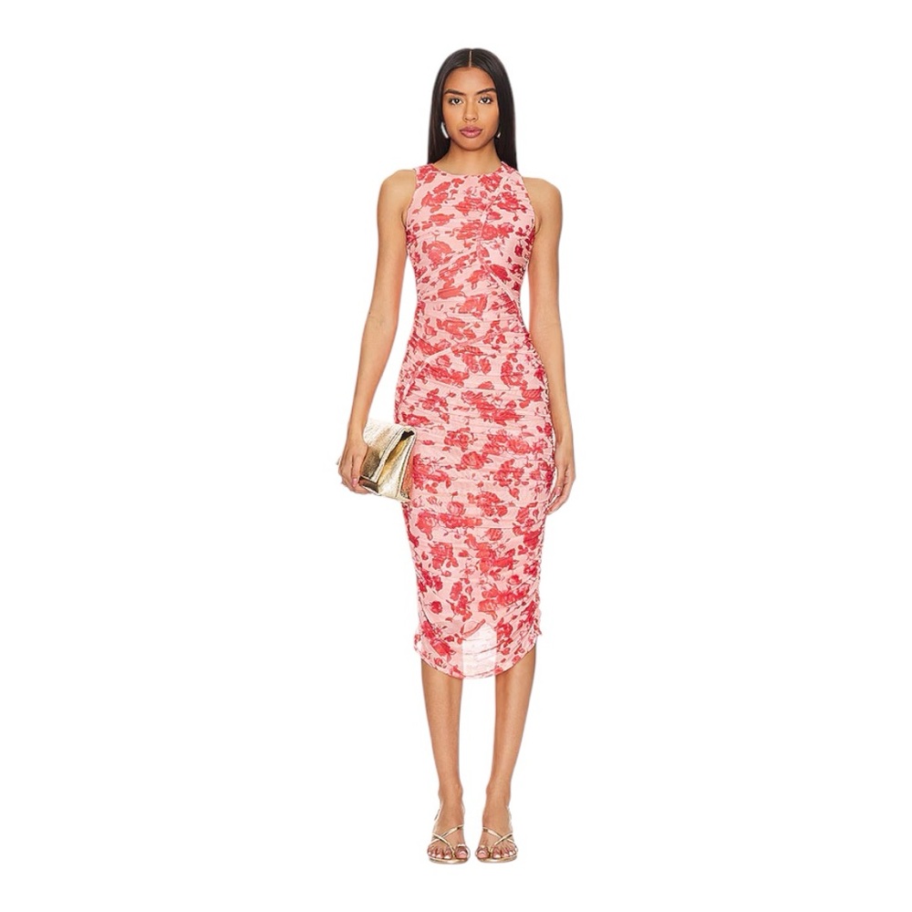 Bardot Felicia Mesh Midi Dress Pink Red Floral NWT Size 8
